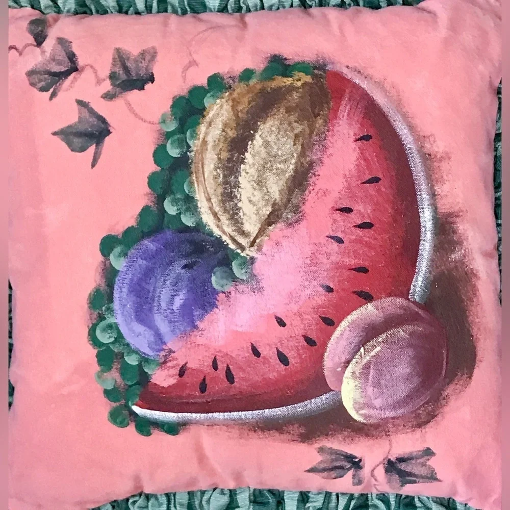 Watermelon Fruit Throw Pillow Hand Painted Pink Green Summer Whimsical Art Decor
